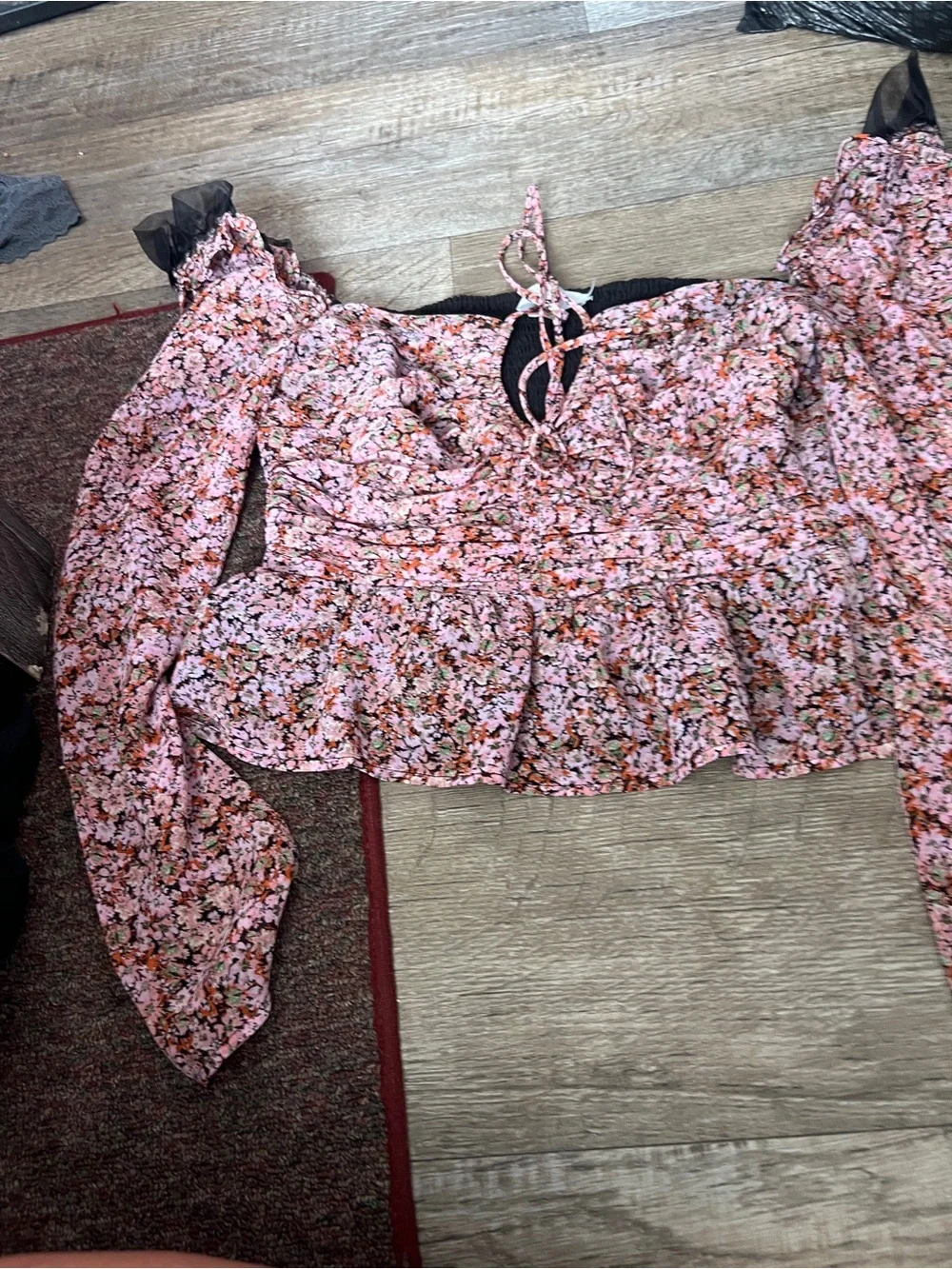 Astr Pink Floral Puff-Sleeve Smocked Peplum Blouse